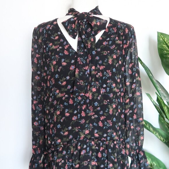 Joie Jamira Black 100% Silk Floral Tie Neck Lined Tiered Ruffle Mini Swing Dress - Picture 9 of 15